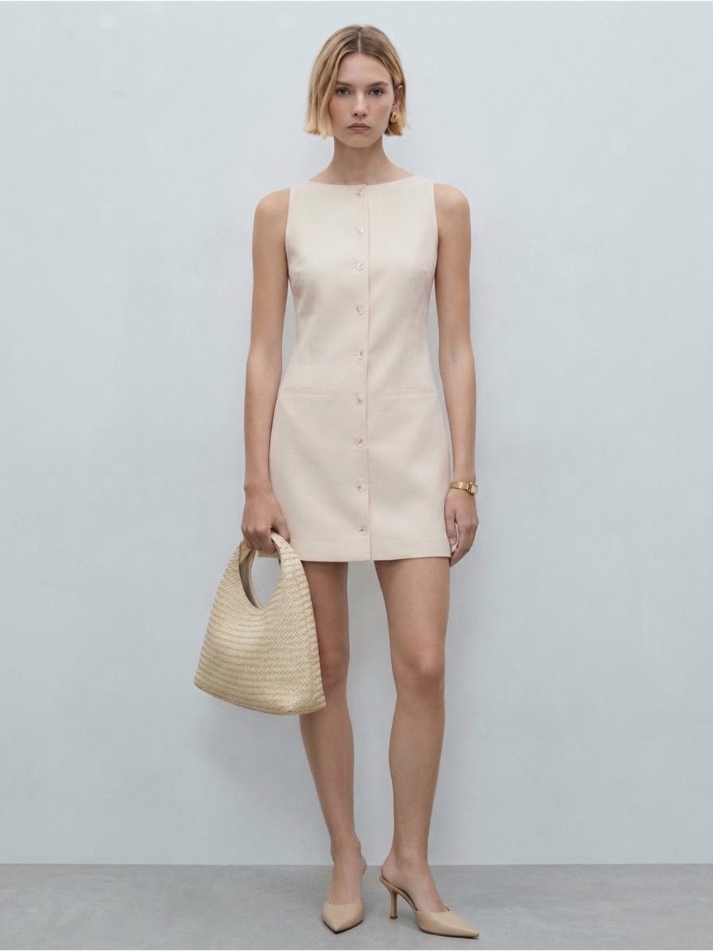 🤍 Mango MNG Cream Linen Blend Button Front Sleeveless Mini Shift Dress Womens 6
